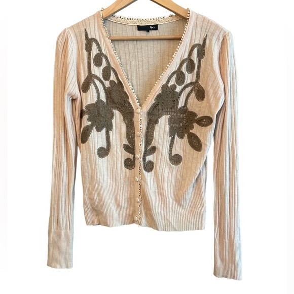 Ryu Button Down Knit Cardigan Floral Crochet Embroidered Detail Long Sleeve Sz L - Picture 1 of 10